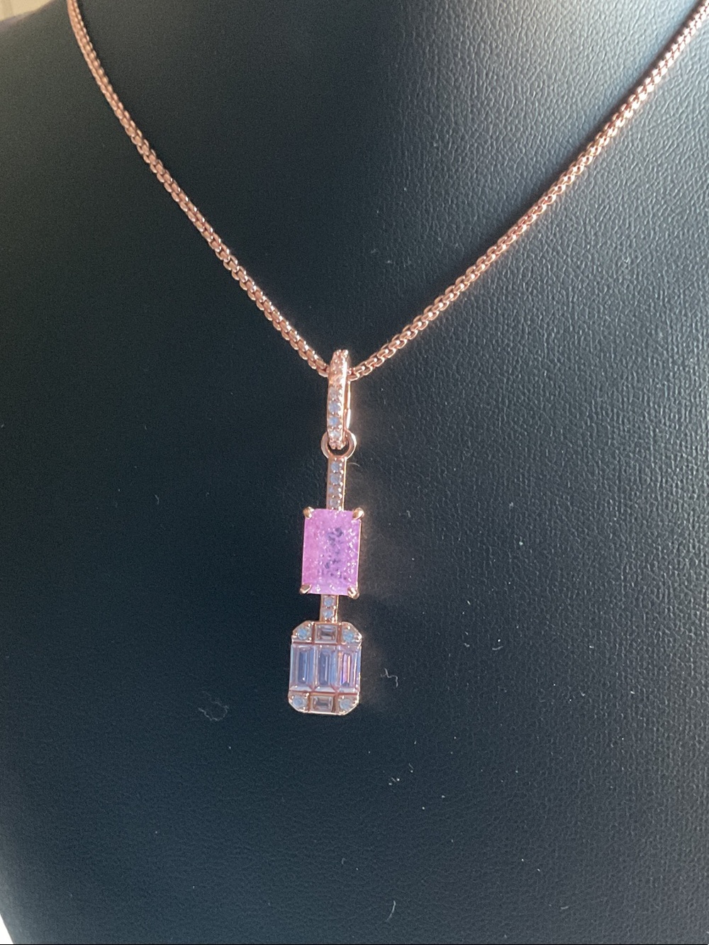 bp Rose Gold Necklace with Pink Rectangular and Clear Baguette Stones